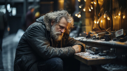 Tired and anxious unshaven old man dressed with winter clothes crouching outside in front of a board with electrical mess
