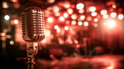 Beginning of the show adult entertainment advertisement. Close up stage vintage microphone on bar st