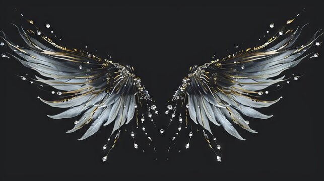 A symmetrical pair of metallic angel wings spread wide against a dark background, symbolizing freedom, spirituality, and celestial power. Perfect for themes like protection and divinity.