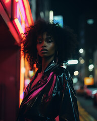 Beautiful Fashion Black Model with a shiny black overcoat into a night city street with many neons as a blurry background