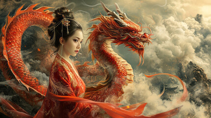 Painting of a Traditional Red Chinese Dragon flying into the clouds with a beautiful Young Asian girl in red clothes on the left looking to the right