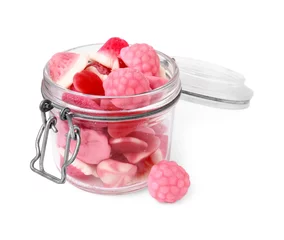 Rolgordijnen Tasty pink candies in glass jar isolated on white © New Africa