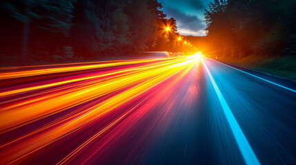 View of a night road with many car headlight right straight traces with extreme speed blur effect...