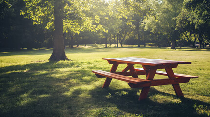 Empty wooden picnic table on a summer meadow. Beautiful trees in the background