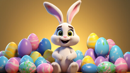 Very cute cartoon white Easter Rabbit in the middle of many painted and colored eggs with a yellow blurry background