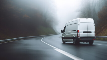 White transport Van back view without brand driving fast just before a curve on a countryside road with a dense fog in background