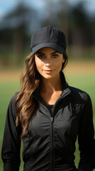 Young caucasian Woman with long curved hair wearing casual sport black clothes with a cap and a blurry nature background
