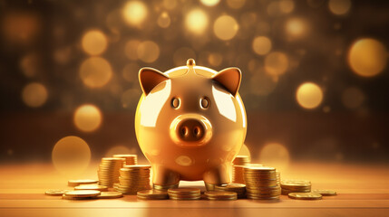 Showcase the importance of saving with a golden coin deposited into a piggy bank, set against a backdrop representing a stable economy, ideal for banners