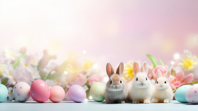 Three Cute tiny rabbits sitting on the front right of some pastel colored Easter Eggs with blurry flowers in background