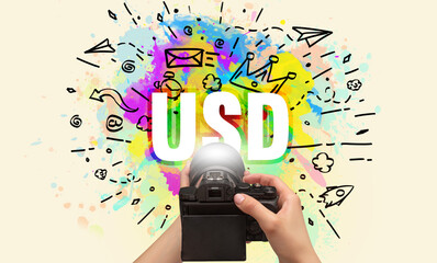 Close-up of a hand holding digital camera with abstract drawing