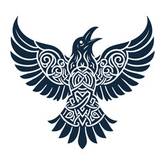 Obraz premium Cawing black crows, in a circle of Scandinavian runes, carved into stone, isolated on black, vector llustration