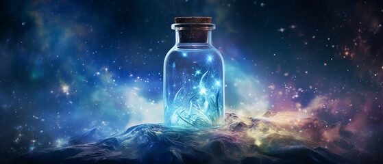 Venture into a galaxy of fantasy, where a magic bottle casts spells across space, weaving wonders into the fabric of the cosmos