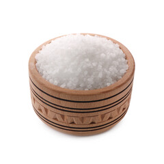 Natural salt in wooden bowl isolated on white