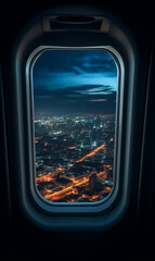 view of building in the city night through window pane on the airplane