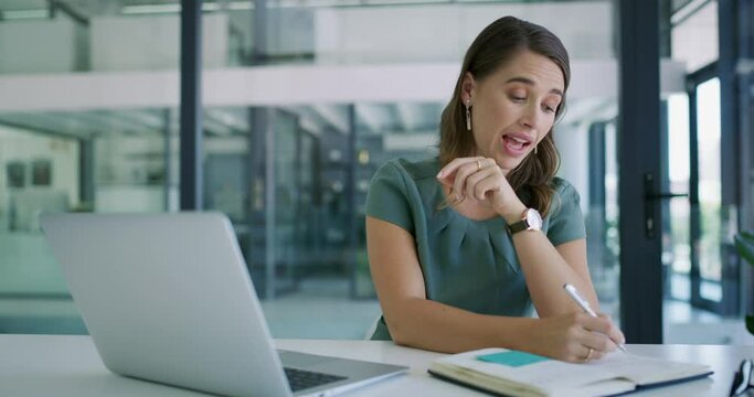 Business woman, laptop and writing in video call with diary for agenda, proposal or schedule planning at office. Person or employee taking notes in book by computer in virtual meeting at workplace