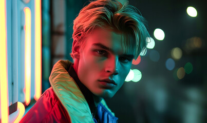 80s men model with blonde hair in y2k fashion style, background of city night