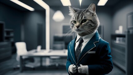 Cat as a business manager, cute anthropomorphic character in the office - obrazy, fototapety, plakaty
