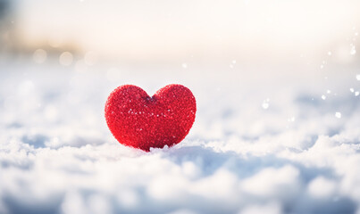 A small red heart lies on the snow