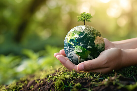 Hand hold green earth globe, environmentally friendly practices and strategies to promote sustainability and reduce their ecological footprint