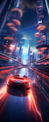 Capture the adrenaline rush of driving at top speed in a futuristic cityscape