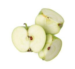 Pieces of ripe green apple isolated on white, top view