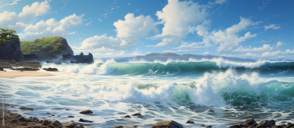 Wall mural A natural landscape painting of a beach with wind waves crashing on the shore under a cloudy cumulusfilled sky, creating a fluid and dynamic scene