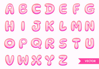 3d pink vector letters. Bright glossy gradient children's alphabet. Plastic rounded balloon. Vector illustration