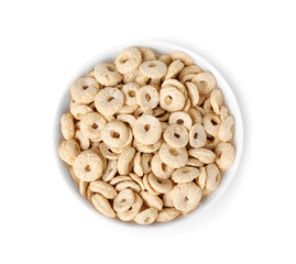 Tasty cereal rings in bowl isolated on white, top view