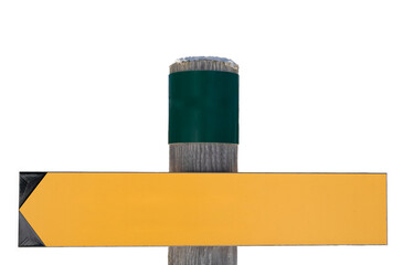 empty template wooden Arrow indicating the path in the Woods, sign pointer with blank space on wooden pole, yellow background