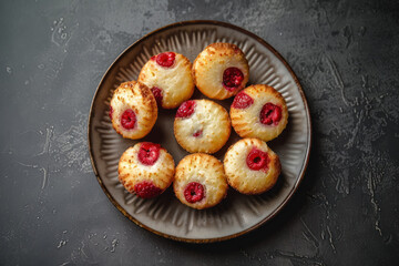 raspberry financiers on a dark ceramic plate on a textured surface