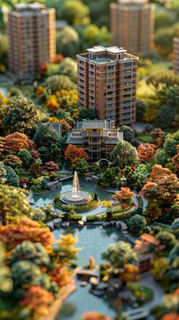 Tilt-shift photography miniature landscape community apartment back garden fountain