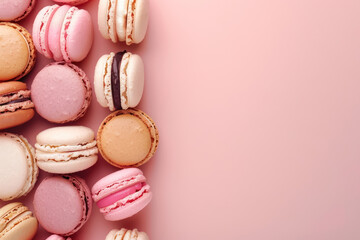 Fototapeta premium pastel colored french macaron selection on a pink background with copy space