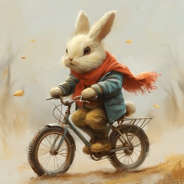 Caricature painting of a rabbit riding a bicycle, minimalistic colors