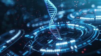 Holographic DNA Strand on Medical Screen. Futuristic Scientific Progress