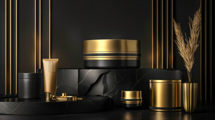 Luxury display. Golden product on black background and podium