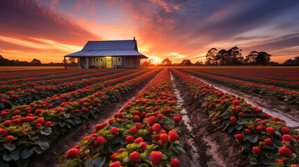 The tranquility of strawberry fields at dusk, where sunset lighting highlights macro scenes of agricultural splendor