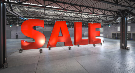 Giant sale sign in an empty warehouse - 767218175