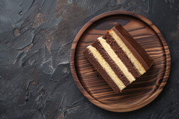 layered opera cake slice on wooden plate with dark textured background - obrazy, fototapety, plakaty