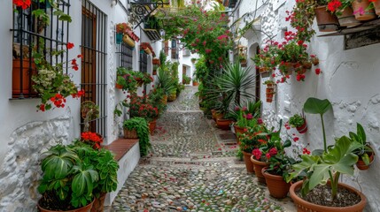 Cobblestone Street With Potted Plants