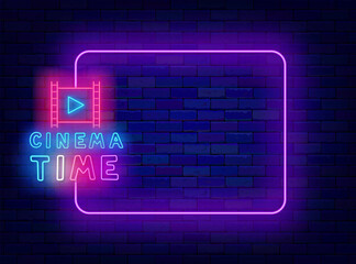 Movie time neon promotion template. Cinema theater label. Welcome greeting card. Empty purple frame and play shot. Concert advertising. Copy space. Editing text. Vector stock illustration