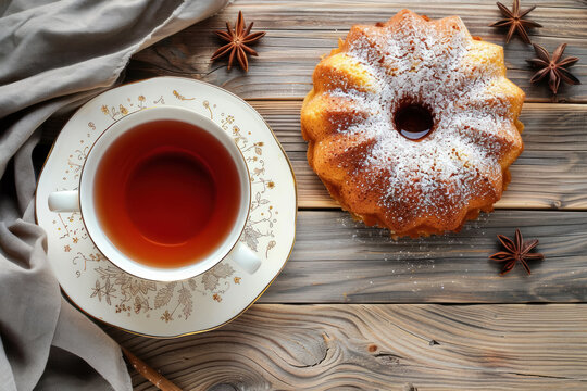 traditional Russian pryanik dusted with sugar powder next to a cup of tea on a vintage table
