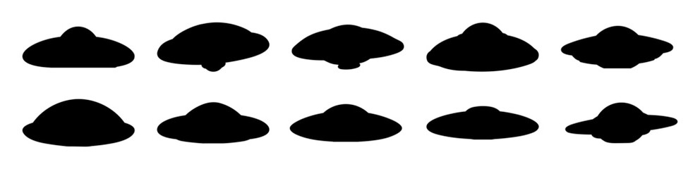 Ufo alien silhouettes set, large pack of vector silhouette design, isolated white background.
