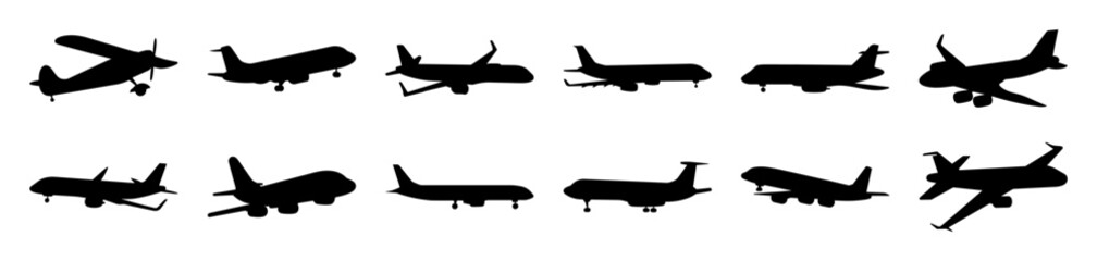 Plane silhouettes set, large pack of vector silhouette design, isolated white background. - obrazy, fototapety, plakaty