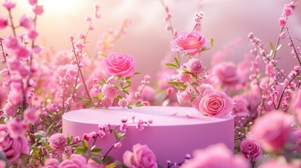 Vibrant spring scene with a 3D pink podium adorned with roses