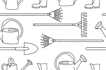 Gardening hand drawn seamless pattern, doodle ornament of gardening tools icons, vector illustration of shovel, watering can. Vector 