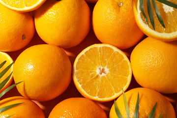 Tasty ripe fresh oranges and leaves as background, top view