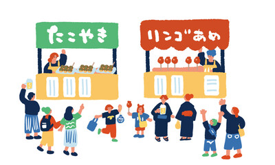 Fototapeta premium 屋台と人々 夏祭りの手描きのイラスト素材セット 
