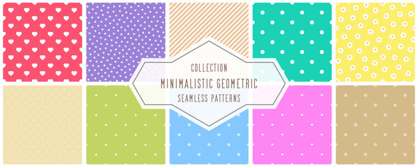 Collection of simple seamless color geometric patterns. Delicate minimalistic cute backgrounds. Beautiful funky textile unusual prints - 767219166