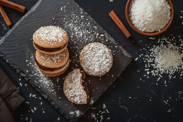 coconut dusted alfajores sandwich cookies with caramel filling - obrazy, fototapety, plakaty