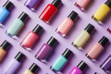 Fototapeta premium colorful nail polish bottles arranged on lilac background